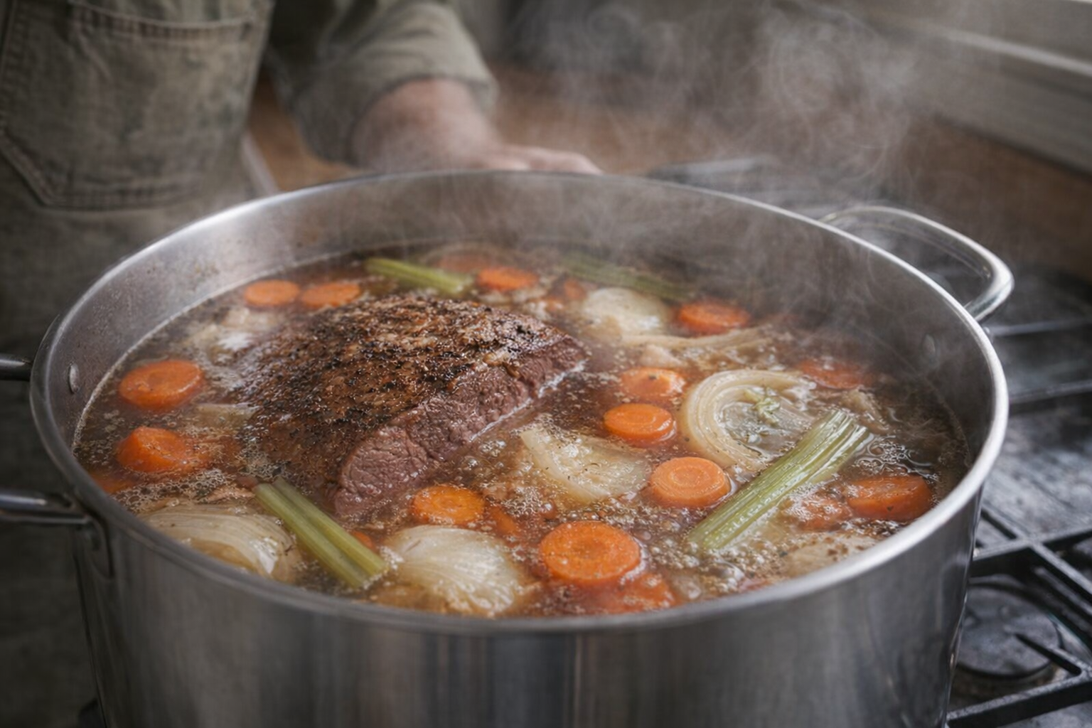 Beef simmering in a large pot with visible steam, carrots, onions, and celery floating in the broth, shot from a slight overhead angle